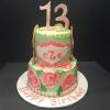 2 Tier Happy 13th Birthday!
Bottom Layer Vanilla Pound Cake with Vanilla ButterCream Filling. Top Layer Chocolate Fudge Cake w/Raspberry Mousse Filling and Rough  Coat of Light Green Vanilla ButterCream Frosting
Decorations:  Lilly Pulitzer 